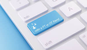 Blue Refer a PT or OT Friend button on a keyboard.